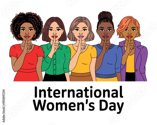 A diverse group of women celebrating International Women's Day with a gesture of silence