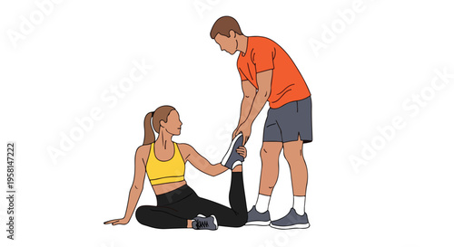 A man assists a woman in a stretching exercise with a leg held up