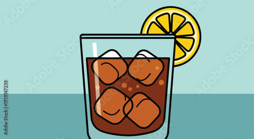 A stylized illustration of a cola drink with ice and a lemon slice in a glass