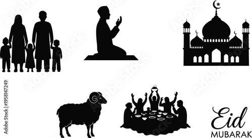 Eid al Adha silhouettes, Islamic holiday traditions, mosque worship, family togetherness, prayer devotion, ram sacrifice, communal feast, festive greetings, spiritual celebration