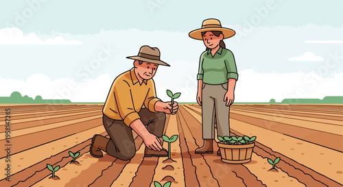 Farmers planting seedlings in a freshly tilled field under a cloudy sky
