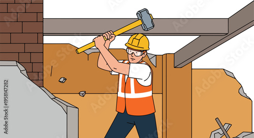 Construction worker in safety gear demolishes wall with sledgehammer