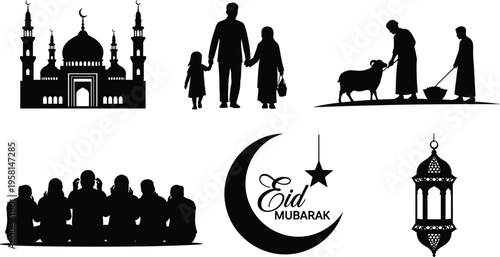 Eid Mubarak celebration silhouettes, mosque, family togetherness, qurbani ritual, communal prayer, crescent moon star, festive lantern, Islamic holiday illustration