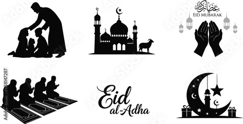 Eid al-Adha silhouettes, mosque with goat, family blessings, communal prayer, crescent moon star, lanterns, Arabic calligraphy, festive Islamic celebration