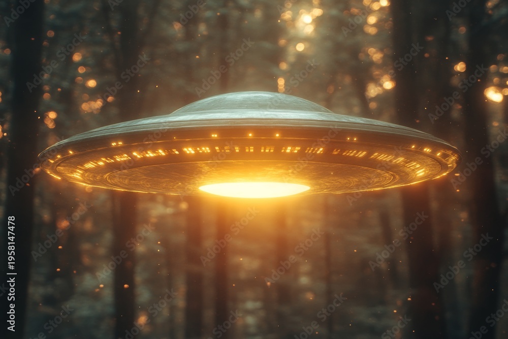 Fototapeta premium UFO Hovering In Glowing Forest