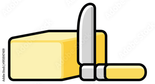 A stylized depiction of a butter stick with a knife spread on it
