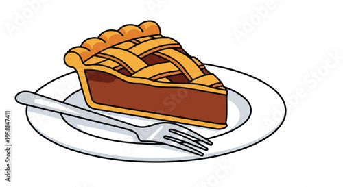 A slice of pie with a lattice crust on a plate with a fork