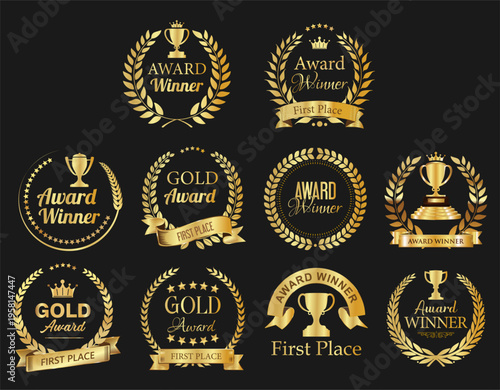 Gold award badges with laurel wreaths, crowns and trophies symbols. Golden award winner emblems flat design  01.eps