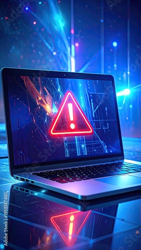 Laptop with warning sign on screen. Bright, blue background