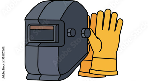 A dark gray welding mask is placed next to a bright yellow welding glove