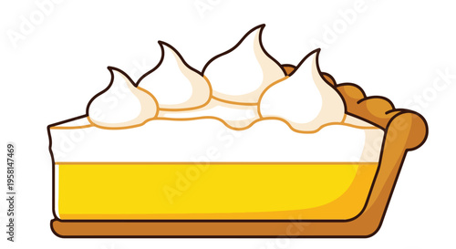 A slice of pie with yellow filling and fluffy white meringue topping