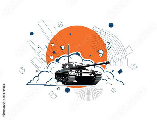 black and white tank emerging from abstract smoke clouds, large orange circle behind the vehicle representing dramatic battlefield energy, thin geometric lines