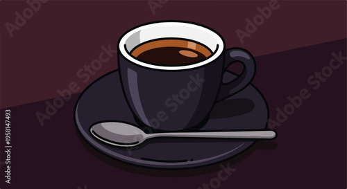 A dark cup of coffee sits on a matching saucer with a spoon