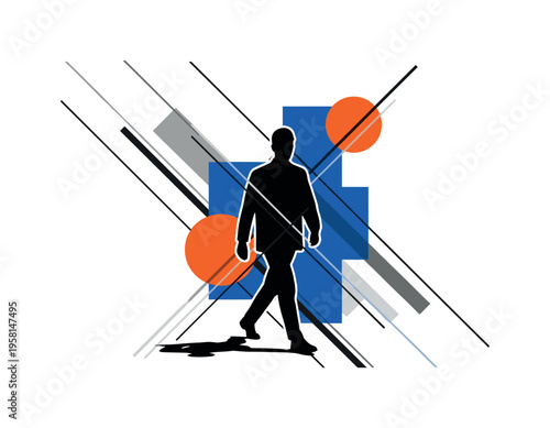Black and white shadow of a marching figure detached from the body, bold orange circle and cobalt blue abstract blocks layered asymmetrically, diagonal linear