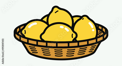 A woven basket brimming with bright yellow lemons, artistically rendered
