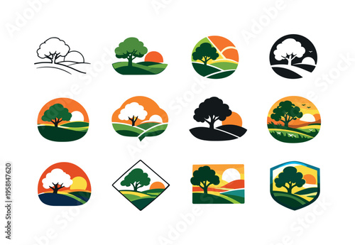June evening in the countryside. Icon set. Set Logo of June evening in the countryside: tree and meadow. harmonious logo variations of the same emblematic