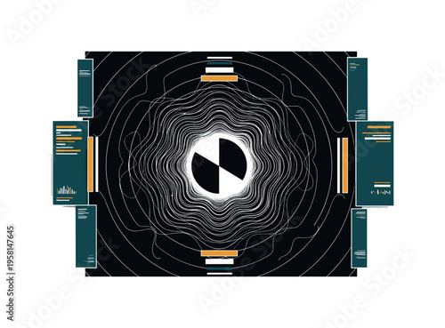 Black and white top-down cosmic diagram with central collision point illustrated as bold flat circle, concentric geometric waves expanding outward
