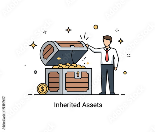 Wealth inheritance concept illustrated by a treasure chest being opened by a poised successor figure. A compact ?Inherited Assets? text detail and gentle