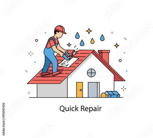 Fixing a leaking roof illustrated by a worker on a simple rooftop patching a cracked shingle while small raindrops fall nearby. A subtle ?Quick Repair? caption