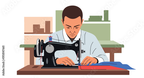 Focused tailor meticulously stitches fabric with a vintage sewing machine at a wooden desk