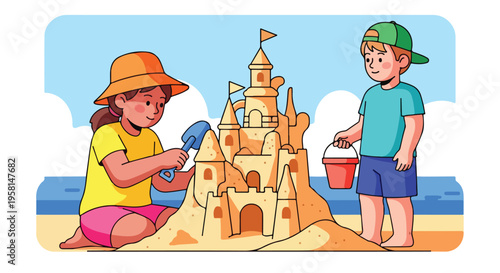 Two children build a sandcastle at the beach with a shovel and bucket