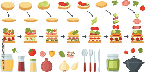 Sandwich making process set with ingredients, step by step food preparation and cooking elements, kitchen recipe cartoon vector illustration collection