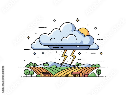 Storm clouds rolling over farmland with lightning illuminating distant hills and scattered trees, creating a dynamic and powerful visual of weather in action.