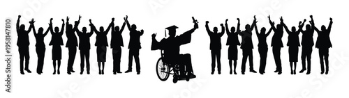 Disabled man in wheelchair wearing graduation cap and gown holding diploma success in front of crowd college friends colleagues black silhouette vector illustration.