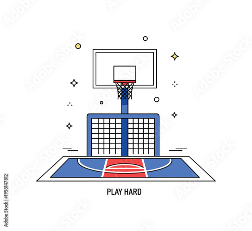 Street basketball playground highlighting a backboard with net and bold court markings beneath. A compact ?Play Hard? text detail and minimal decorative stars