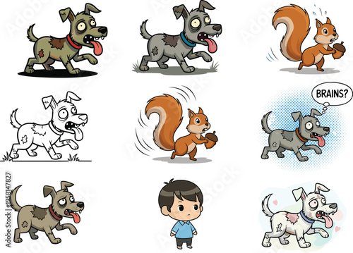 Cartoon zombie dog and squirrel characters, funny undead pet chasing acorn, Halloween animal illustration pack with cute kid, comic horror fantasy design concept