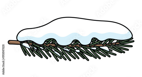 A snow-covered pine branch with detailed green needles and a brown stem