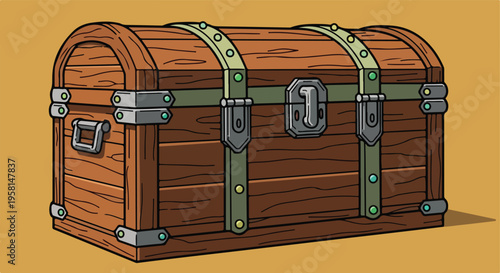 An antique wooden treasure chest with metal bands and a central latch