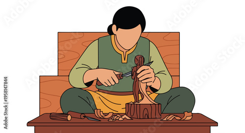 Person crafting a wooden figure at a workbench, surrounded by shavings