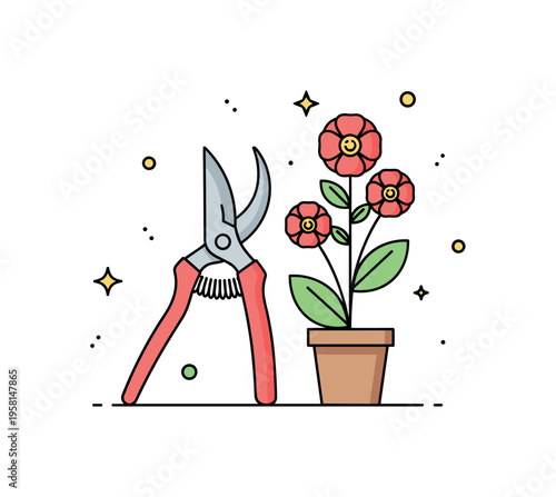 Botanical care and maintenance concept shown through pruning shears placed beside a flowering plant, symbolizing trimming, shaping, and professional upkeep.