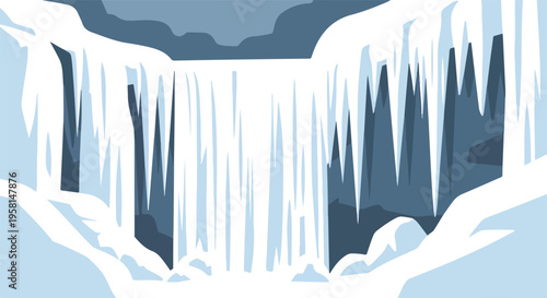 A stylized, frozen waterfall cascades in cool blues and grays, with icy formations