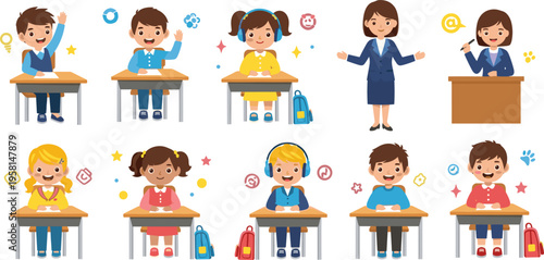 School children in classroom set with teacher and students at desks, learning activities and education concept cartoon vector illustration collection