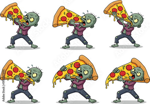 "Cartoon zombie eating giant pizza slice, funny horror food character illustration, undead monster craving fast food, humorous Halloween concept for comic art design"