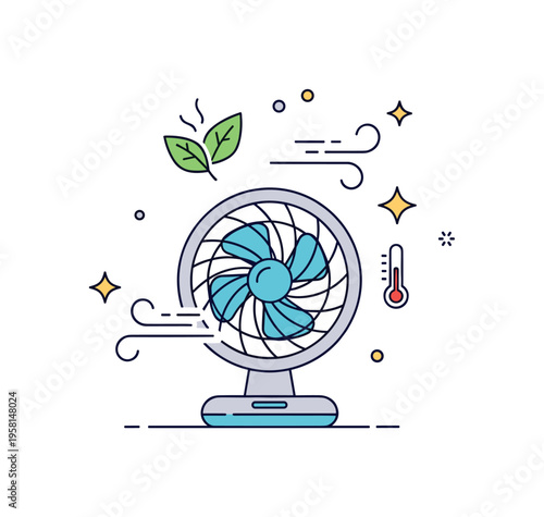 Cooling airflow concept a compact electric fan with rotating blades and soft breeze lines gently moving a small leaf and star symbol, visualizing fresh air and