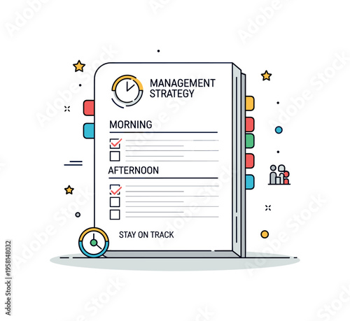 Time management strategy concept featuring a single planner page with clearly marked morning, afternoon and evening sections. Tiny checkmarks and a short ?Stay