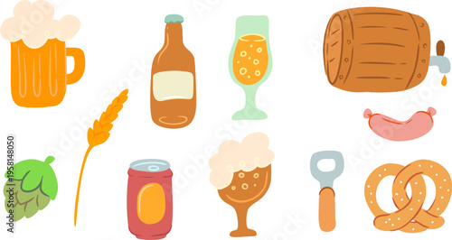 Flat color vector illustration collection of brewery elements including beer mugs, kegs, ingredients, and traditional bar snacks on white background.