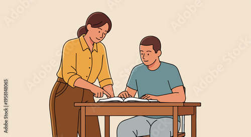 Woman points to book while man studies at table