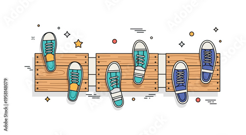 Different shoes leaving footprints on a wooden boardwalk, each unique print showing personality while following the same route, emphasizing individuality