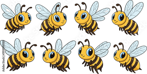 Cute flying bee characters set with different poses adorable cartoon insect vector illustration collection