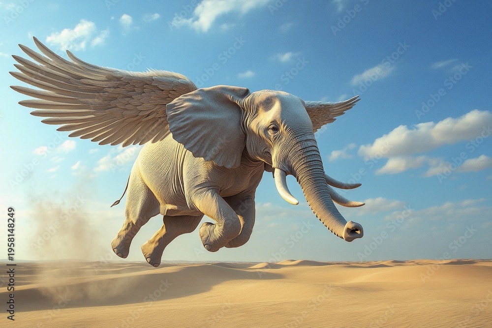 Fototapeta premium Elephant with wings soaring above a vast, golden desert landscape in bright sunlight