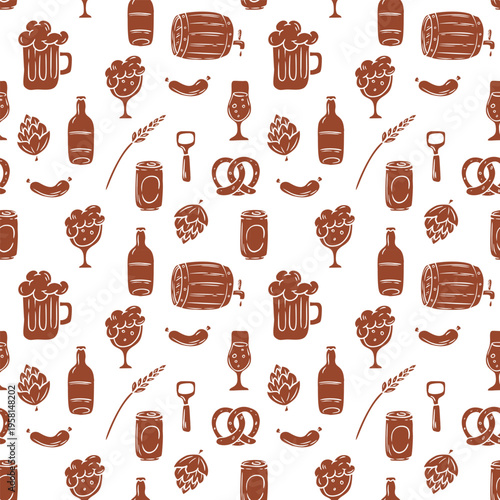 Seamless pattern background with dark brewery silhouettes featuring mugs, barrels, hops, and pretzels for textile or wallpaper design.