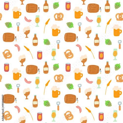 Colorful seamless vector pattern with flat beer icons and ingredients, perfect for festival decor, wrapping paper, or pub interiors.