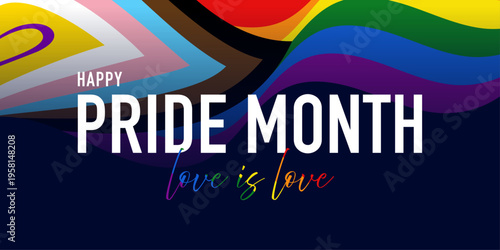 Pride Month banner, LGBTQIA flag background, happy Pride