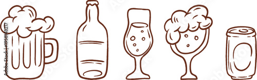 Simple brown outline doodle set of five beer icons including frothy mug, bottle, and various glassware for menu design.