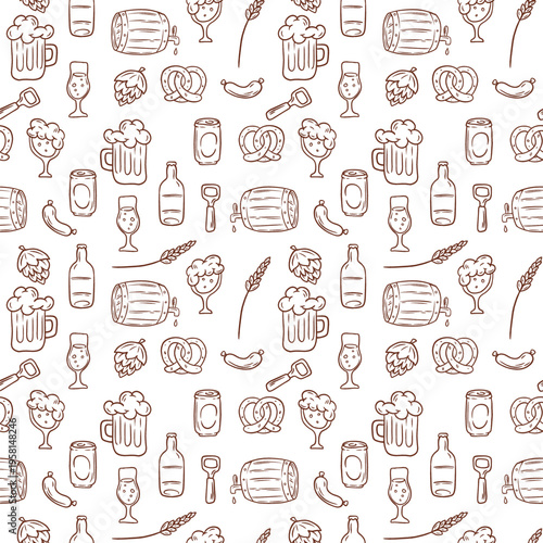 Cartoon seamless pattern background with brewery silhouettes featuring mugs, barrels, hops, and pretzels for textile or wallpaper design.
