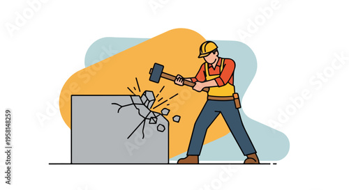 A worker in a hard hat and yellow vest uses a sledgehammer to break apart a large stone